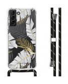 Design hoesje met koord voor Samsung Galaxy S21 Plus - Bladeren - Zwart / Goud