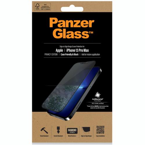 PanzerGlass Case Friendly Privacy Anti-Bacterial Screenprotector voor de iPhone 13 Pro Max - Zwart