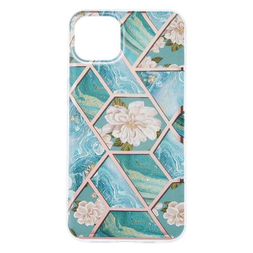 Shop4 - iPhone 13 Hoesje - Zachte Back Case Marmer Hexagoon met Bloemen Turquoise