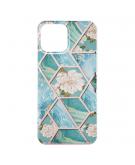 Shop4 - iPhone 13 Pro Hoesje - Zachte Back Case Marmer Hexagoon met Bloemen Turquoise